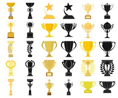 Set koleksiyonu tasarım için Gold Cup çizgi film, siyah simgeler. Kazananlar Kupası vektör simge stok web çizim.