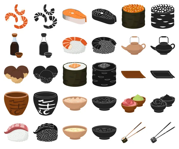 寿司和调料卡通, 黑色图标在集合集合设计。海鲜食品, 配件向量标志股票网例证. — 图库矢量图片
