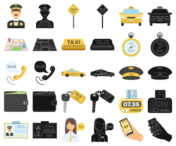 Servicio de taxi de dibujos animados, iconos negros en la colección de conjuntos para el diseño. Taxi conductor y vector de transporte símbolo stock web ilustración . — Vector de stock
