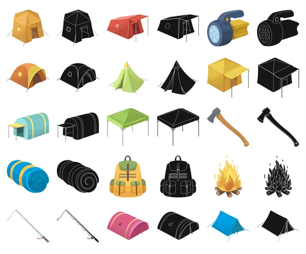 Différents types de tentes dessin animé, icônes noires dans la collection ensemble pour la conception. Abri temporaire et logement symbole vectoriel illustration web stock . — Image vectorielle