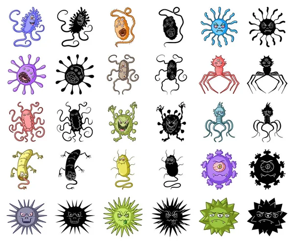 Tipos de micróbios engraçados desenhos animados, ícones pretos na coleção de conjuntos para design. Ilustração patogênica da teia do estoque do símbolo do vetor dos micróbios . —  Vetores de Stock