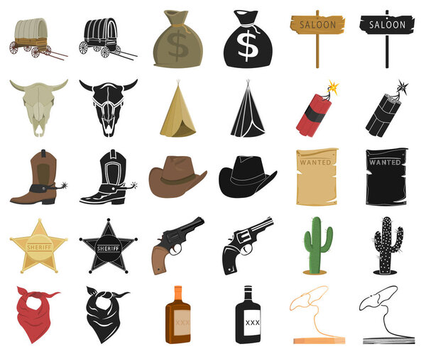 Attributes of the wild west cartoon,black icons in set collection for design.Texas and America vector symbol stock web illustration.