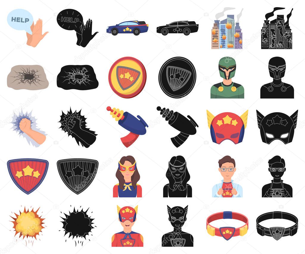 A fantastic superhero cartoon,black icons in set collection for design. Superheros equipment vector symbol stock web illustration.