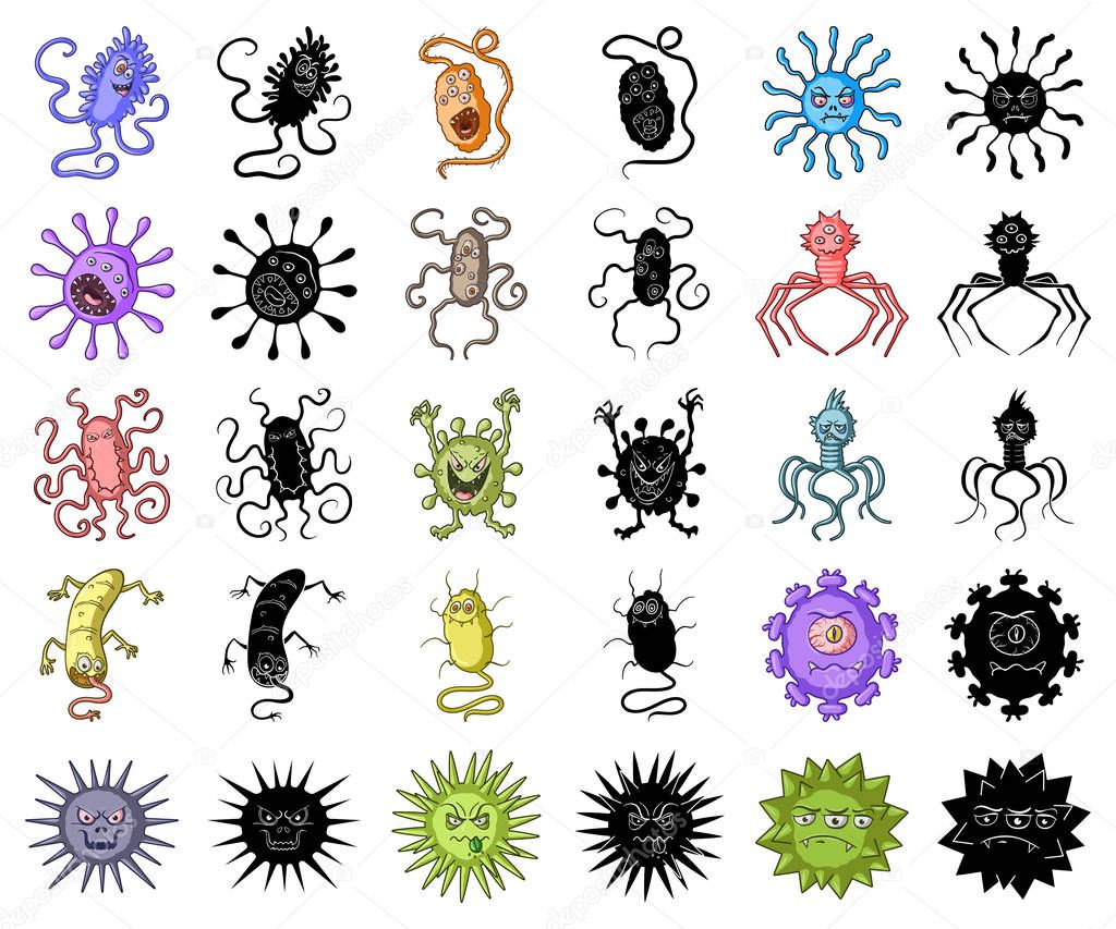 Types of funny microbes cartoon,black icons in set collection for design. Microbes pathogenic vector symbol stock web illustration.