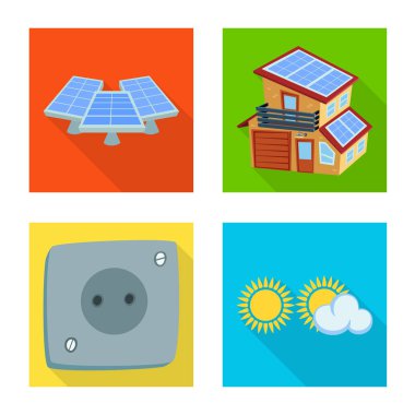 Güneş ve Paneli simgesinin vektör tasarımı. Güneş ve yeşil hisse senedi vektör çizim koleksiyonu.