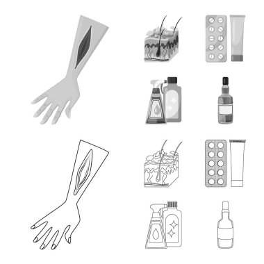 Vektör tasarımı tıbbi ve ağrı logosu. Sağlık ve hastalık hisse senedi simgesi için web topluluğu.