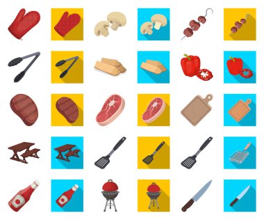 Barbekü ve ekipman çizgi film, düz simgeler toplama tasarımı için ayarlayın. Piknik ve kızartmaları sembol stok illüstrasyon vektör.