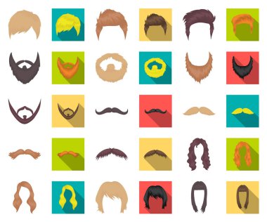 Bıyık ve sakal, saç çizgi film, düz simgeler set koleksiyonu tasarım için. Şık saç kesimi vektör simge stok web çizimi.