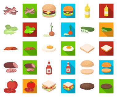 Burger ve malzemeler karikatür, set koleksiyonu tasarım için düz simgeler. Vektör simge stok web illüstrasyon pişirme Burger.