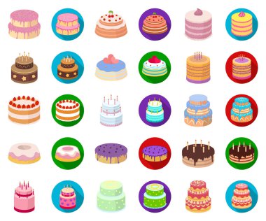 Pasta ve tatlı çizgi film, düz simgeler toplama tasarımı için ayarlayın. Tatil kek vektör simge stok web çizim.