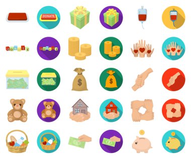 Yardım ve bağış çizgi film, düz simgeler toplama tasarımı için ayarlayın. Maddi yardım vektör simge stok web çizim.