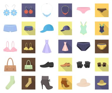 Giysi ve aksesuarları karikatür, set koleksiyonu tasarım için düz simgeler. Ayakkabı ve dekorasyon sembol stok web illüstrasyon vektör.