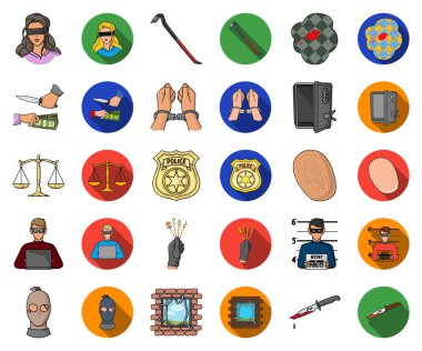 Suç ve ceza çizgi film, düz simgeler toplama tasarımı için ayarlayın. Suç vektör simge stok çizim.