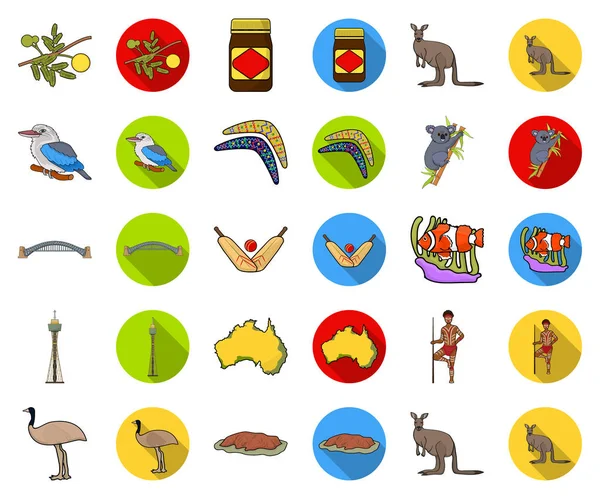 Χώρα Αυστραλία γελοιογραφία, επίπεδη εικονίδια στη συλλογή σετ για σχεδιασμό. Ταξίδια και Αξιοθέατα σύμβολο μετοχής web εικονογράφηση διάνυσμα. — Διανυσματικό Αρχείο