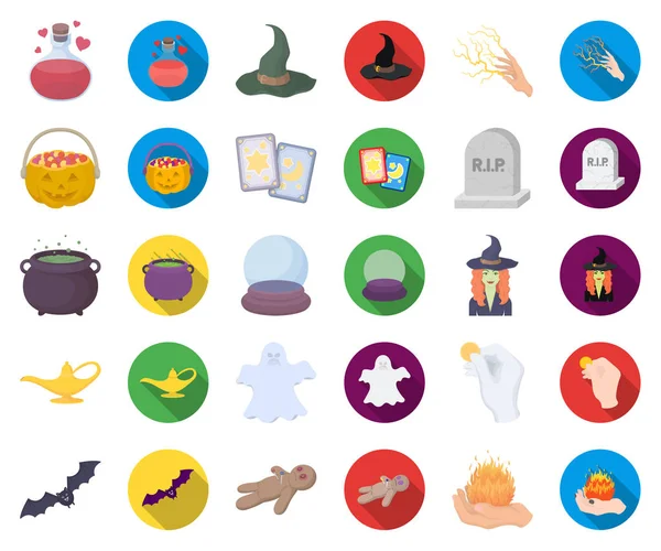 çizgi film, düz ve white magic karikatür, set koleksiyonu tasarım için düz simgeler. Sembol stok web illüstrasyon vektör öznitelikleri ve büyücü aksesuarları.