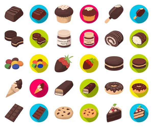 Çikolata tatlı çizgi film, düz simgeler toplama tasarımı için ayarlayın. Çikolata ve şekerleme vektör simgesi web illüstrasyon stok.