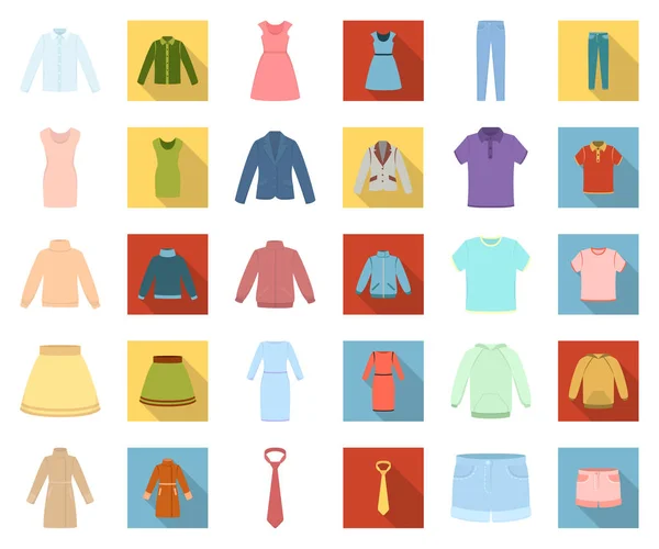 Diferentes tipos de dibujos animados de ropa, iconos planos en la colección de conjuntos para el diseño. Ropa y estilo vector símbolo stock web ilustración . — Vector de stock