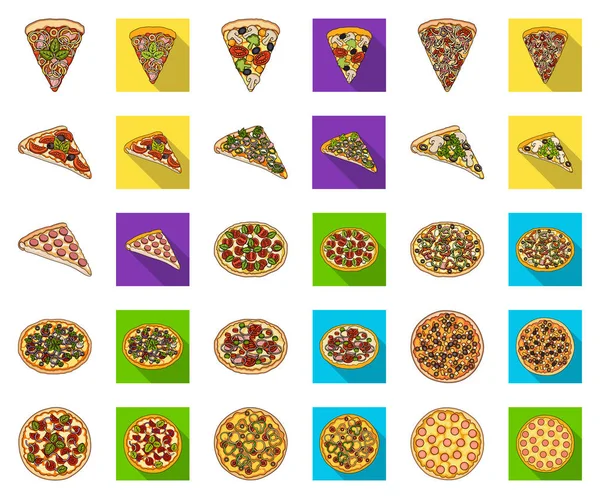 Desenhos animados diferentes da pizza, ícones lisos na coleção ajustada para a ilustração da correia fotorreceptora do símbolo do vetor do alimento do design.Pizza . — Vetor de Stock