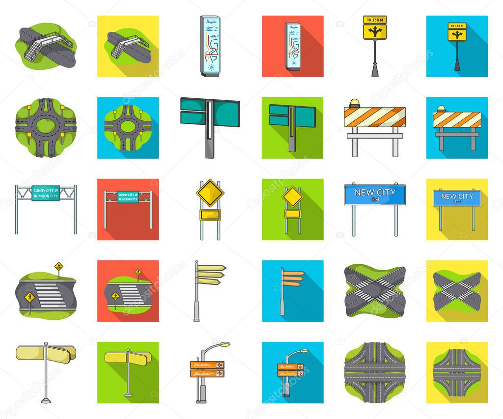 Road junctions and signs cartoon,flat icons in set collection for design.Pedestrian crossings and signs vector symbol stock web illustration.