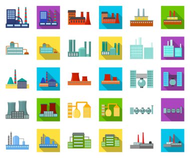 Fabrika ve tesisleri karikatür, set koleksiyonu tasarım için düz simgeler. Sembol stok web illüstrasyon vektör fabrikası ve donanımları.