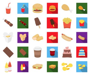 Fast food çizgi film, set koleksiyonu tasarım için düz simgeler. Yarı bitmiş ürünler gıdalardan sembol stok web illüstrasyon vektör.