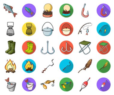 Balıkçılık ve diğer çizgi film, düz simgeler toplama tasarımı için ayarlayın. Vektör simge stok web illüstrasyon Balık tutma için mücadele.