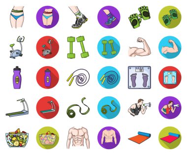 Fitness ve öznitelikleri karikatür, set koleksiyonu tasarım için düz simgeler. Fitness Ekipmanları vektör simge stok web çizim.