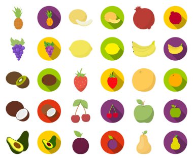 Farklı meyve çizgi film, düz simgeler toplama tasarımı için ayarlayın. Meyve ve vitaminler sembol stok illüstrasyon vektör.