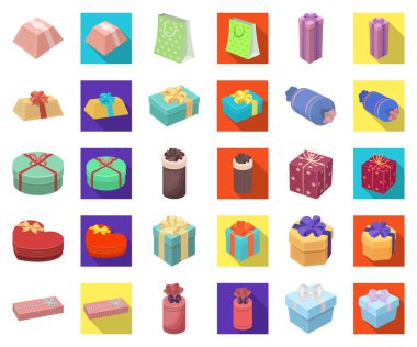 Hediye ve paketleme çizgi film, düz simgeler toplama tasarımı için ayarlayın. Renkli ambalaj sembol stok web illüstrasyon vektör.