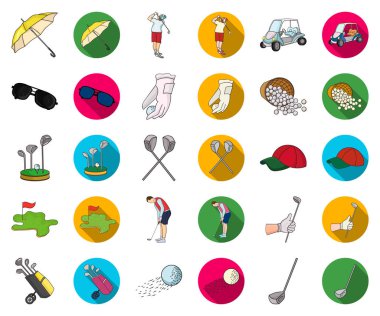 Golf ve öznitelikleri karikatür, set koleksiyonu tasarım için düz simgeler. Golf Kulübü ve ekipman sembol stok web illüstrasyon vektör.