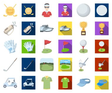 Golf ve öznitelikleri karikatür, set koleksiyonu tasarım için düz simgeler. Golf Kulübü ve ekipman sembol stok web illüstrasyon vektör.