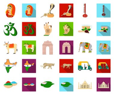 Ülke Hindistan çizgi film, düz simgeler toplama tasarımı için ayarlayın. Hindistan ve dönüm noktası sembol stok web illüstrasyon vektör.