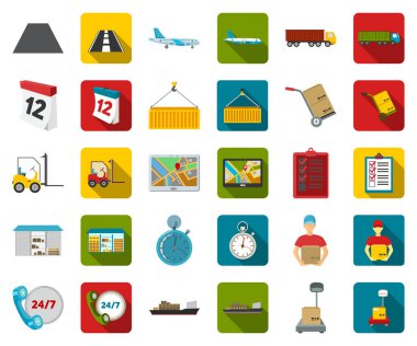 Lojistik-set koleksiyonu tasarım için düz simgeler çizgi film, servis. Lojistik ve ekipman sembol stok web illüstrasyon vektör.