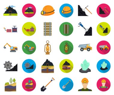 Düz simgeler toplama tasarımı için set madencilik sanayi karikatür. Cihazlar ve sembol stok web illüstrasyon vektör.