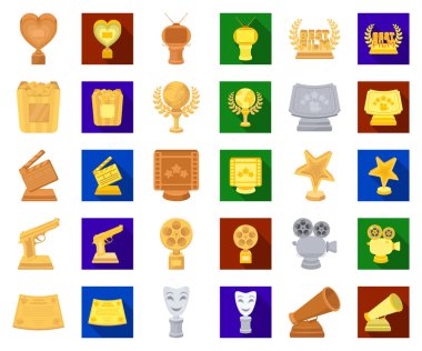 Film Ödülü ve çizgi film, set koleksiyonu tasarım için düz simgeler ödüller. Dünya Film Akademisi vektör simge stok web çizim.