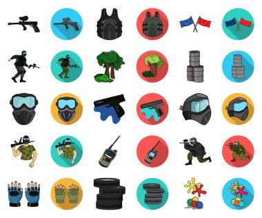 Paintball, takım oyunu çizgi film, set koleksiyonu tasarım için düz simgeler. Ekipman ve kıyafet sembol stok web illüstrasyon vektör.