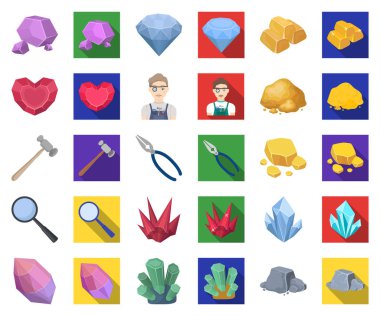 Değerli mineraller çizgi film, düz simgeler toplama tasarımı için ayarlayın. Kuyumcu ve ekipman sembol stok web illüstrasyon vektör.