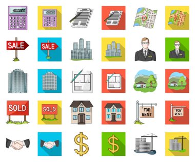Emlakçı, ajansı çizgi film, set koleksiyonu tasarım için düz simgeler. Alış ve satış Emlak vektör simge stok web çizim.