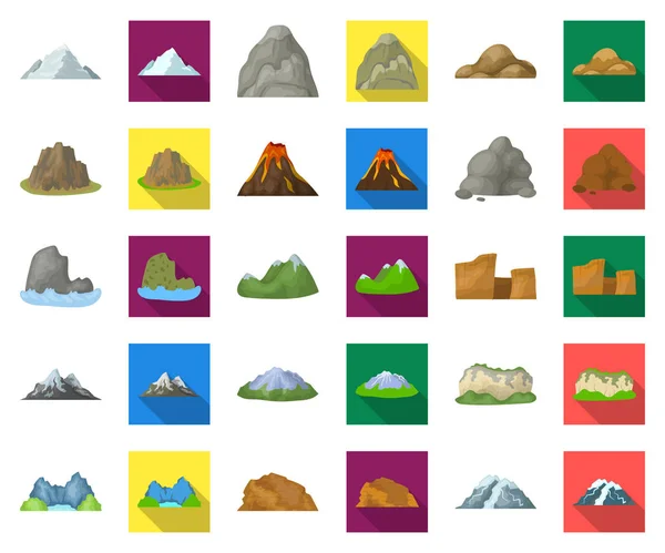 Diferentes montañas de dibujos animados, iconos planos en la colección de conjuntos para design.Mountains y vector de paisaje símbolo de stock web ilustración . — Vector de stock