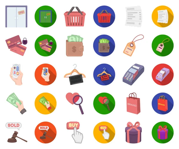 E-commerce, Purchase and sale cartoon, flat icons in set collection for design. Иллюстрация векторных символов торговли и финансов . — стоковый вектор