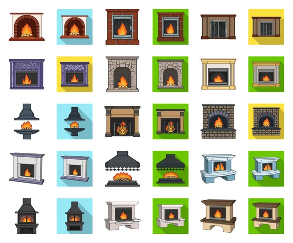 Différents types de cheminées dessin animé, des icônes plates dans la collection set pour design.Fireplaces construction vectoriel symbole stock illustration web . — Image vectorielle