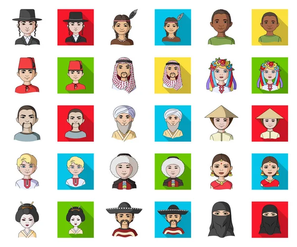 Den mänskliga ras tecknade, platt ikoner i set samling för design. Människor och nationalitet vektor symbol lager web illustration. — Stock vektor