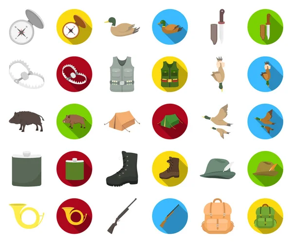 Avcılık ve kupa çizgi film, düz simgeler toplama tasarımı için ayarlayın. Avcılık ve ekipman sembol stok web illüstrasyon vektör.