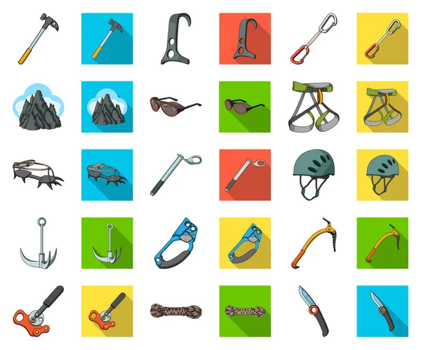 Dağcılık ve çizgi film tırmanma, set koleksiyonu tasarım için simgeleri düz. Ekipman ve aksesuarları sembol stok web illüstrasyon vektör.