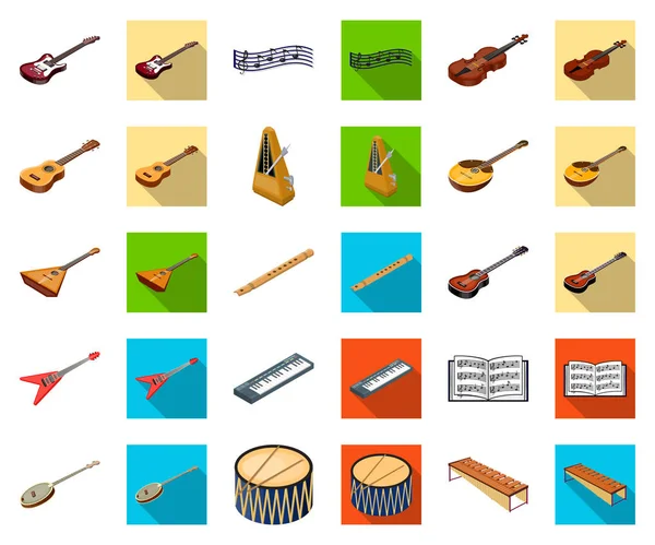 Musikinstrument tecknad, platt ikoner i set samling för design. Sträng- och blåsinstrument isometrisk vektor symbol stock web illustration. — Stock vektor