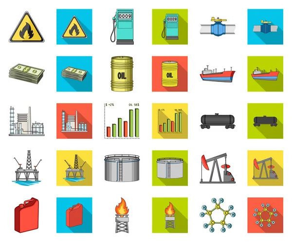 Ölindustrie Cartoon, flache Symbole in Set-Kollektion für Design. Ausrüstung und Ölproduktion Vektor Symbol Stock Web Illustration. — Stockvektor