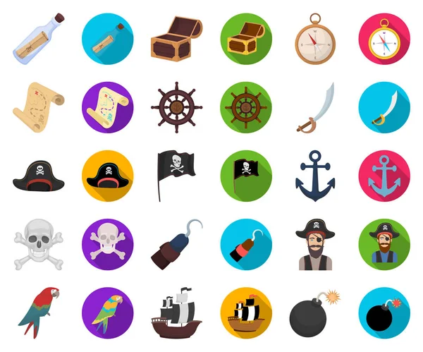 Pirata, caricatura ladrón de mar, iconos planos en la colección de conjuntos para el diseño. Tesoros, atributos vector símbolo stock web ilustración . — Vector de stock