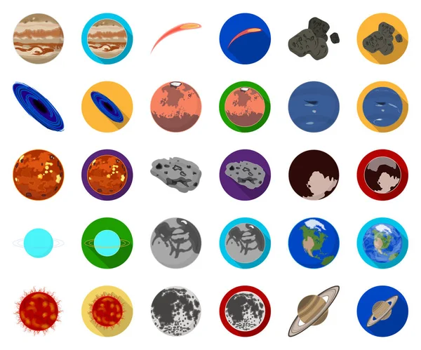 Planeten des Sonnensystems Karikatur, flache Symbole in Set-Sammlung für das Design. Kosmos und Astronomie Vektor Symbol Stock Web Illustration. — Stockvektor