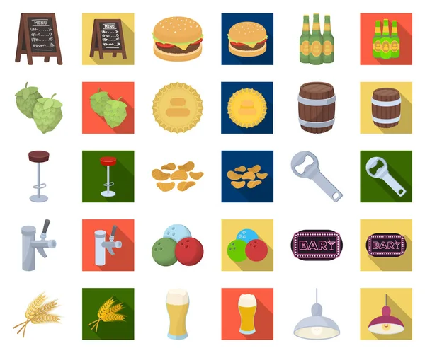 Pub, caricatura interior y equipamiento, iconos planos en la colección de conjuntos para el diseño. Alcohol y comida vector símbolo stock web ilustración . — Vector de stock