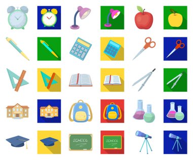 Okul ve eğitim çizgi film, düz simgeler toplama tasarımı için ayarlayın. Üniversite, ekipman ve aksesuarları sembol stok web illüstrasyon vektör.